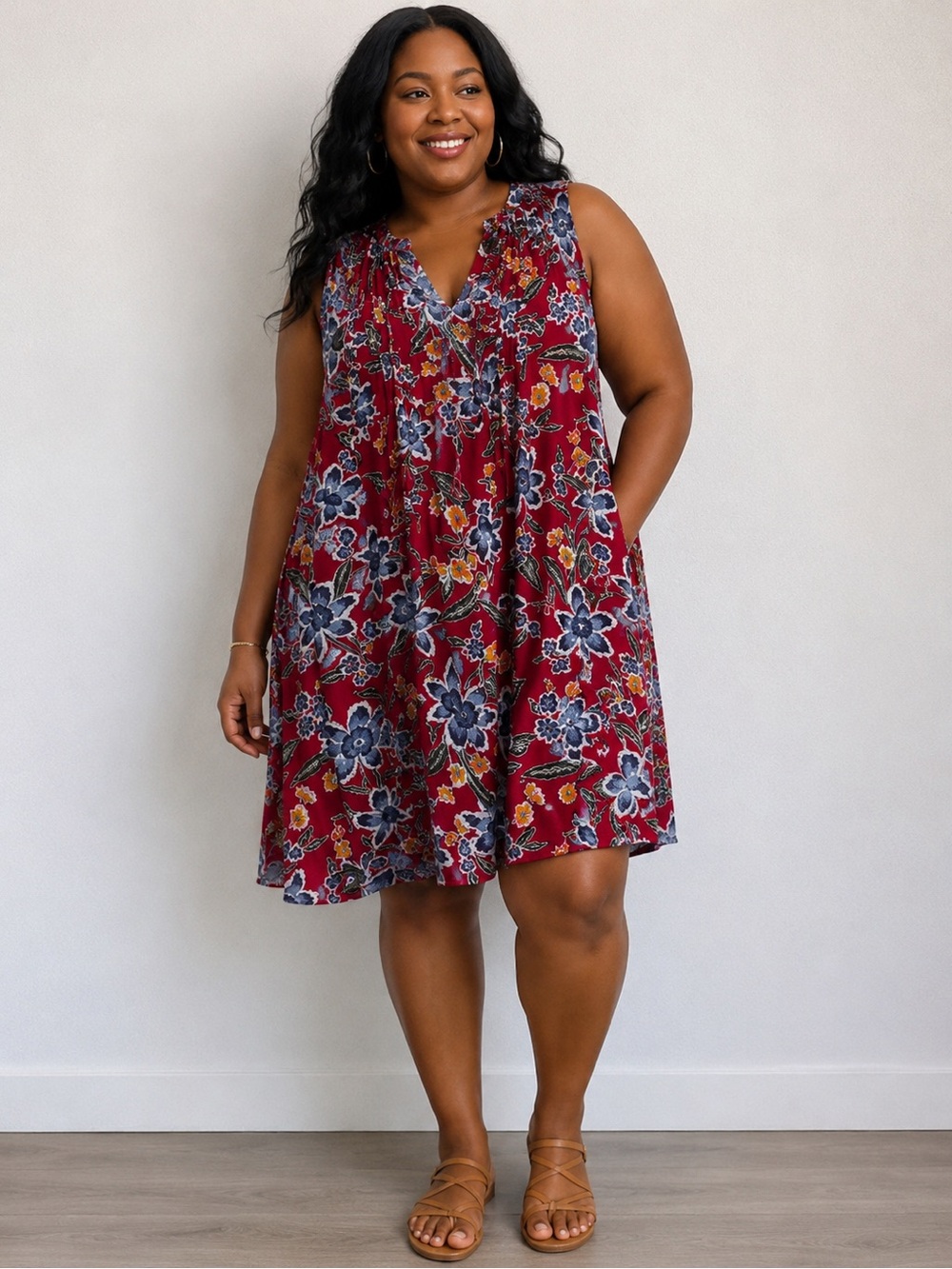 Old Navy Red Floral Print Top with Navy & Green Accents